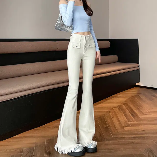 如续 流苏高腰微喇修身显瘦设计感九分喇叭牛仔裤 女款