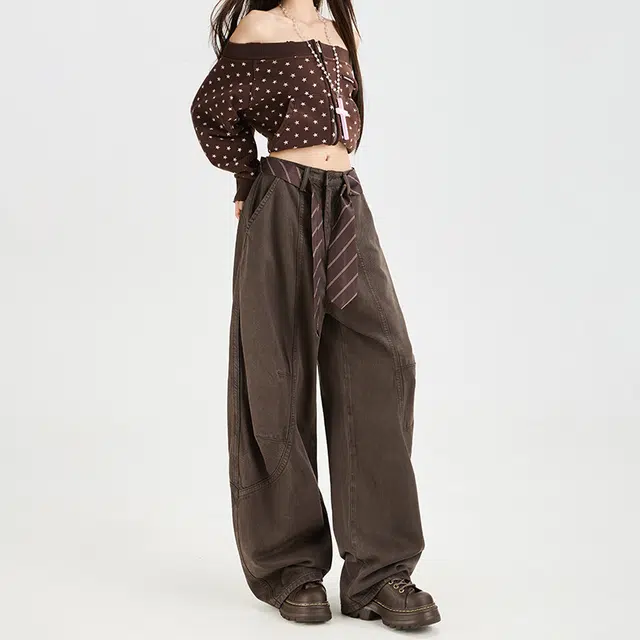 如续 工装裤女秋季水洗棉复古休闲春秋弯刀宽松阔腿裤子牛仔裤 女款