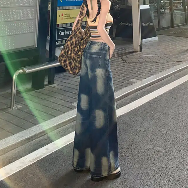 如续 美式复古高腰宽松阔腿裤渐变垂感小众设计春夏直筒女牛仔裤 女款