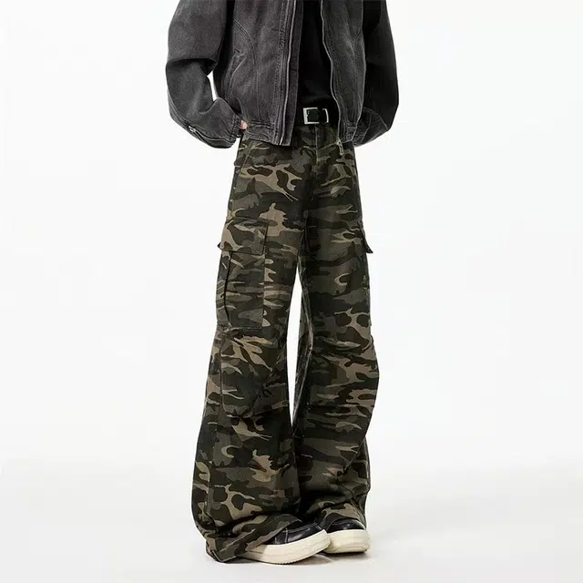 如续 美式高街迷彩工装裤男潮牌秋季宽松微喇休闲拖地长裤子牛仔裤 男女同款