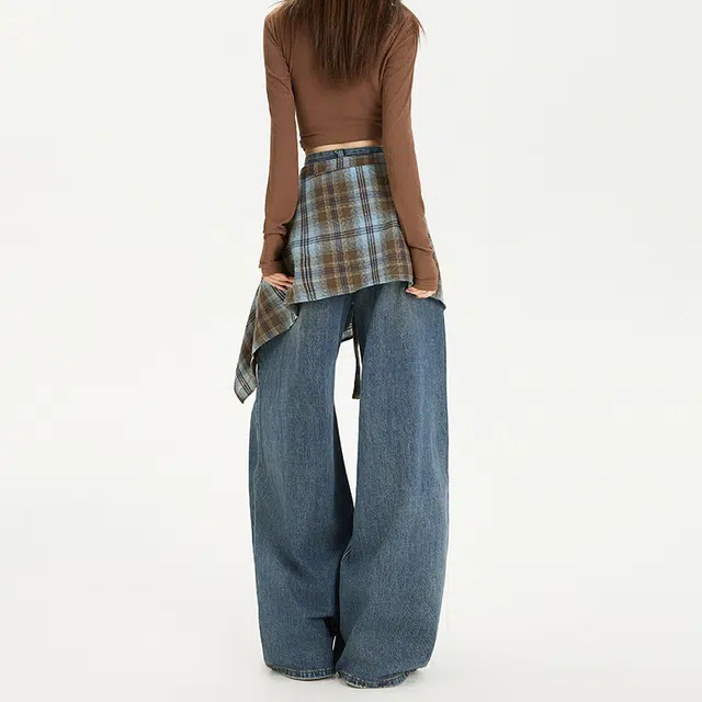 如续 设计感屁帘假破洞阔腿女秋高腰宽松显瘦拖地裤牛仔裤 女款