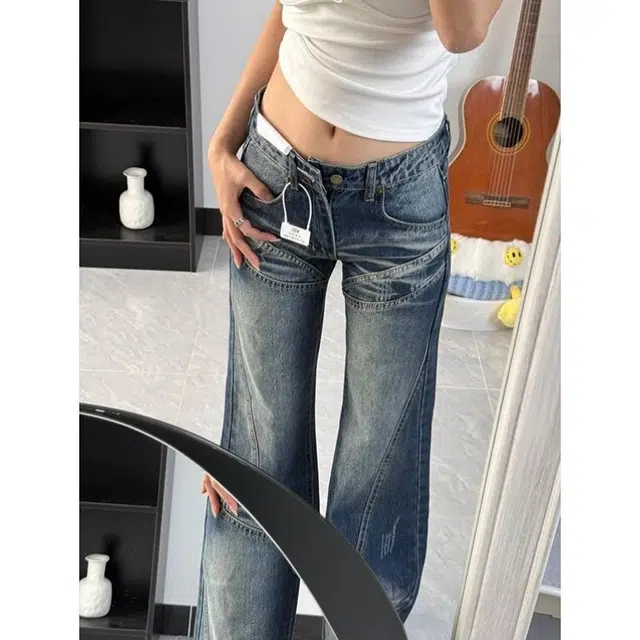 如续 美式复古水洗宽松低腰直筒阔腿拖地牛仔裤 女款