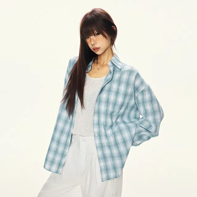 如续 韩系格子慵懒休闲宽松长袖衬衣衬衫 女款