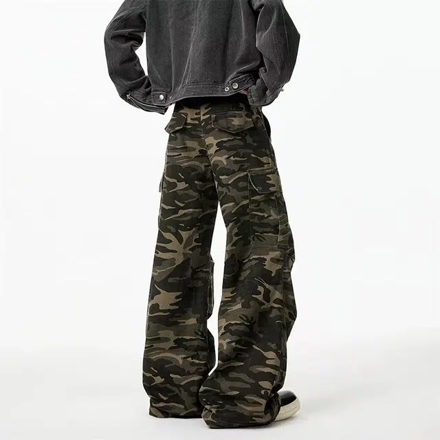 如续 美式高街迷彩工装裤男潮牌秋季宽松微喇休闲拖地长裤子牛仔裤 男女同款