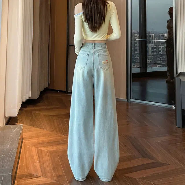 如续 卡通腊肠狗立体刺绣阔腿女拖地裤百搭潮流牛仔裤 女款