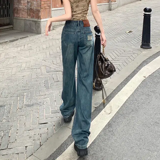 如续 磨破直筒高腰遮胯显瘦复古窄版垂感牛仔裤 女款