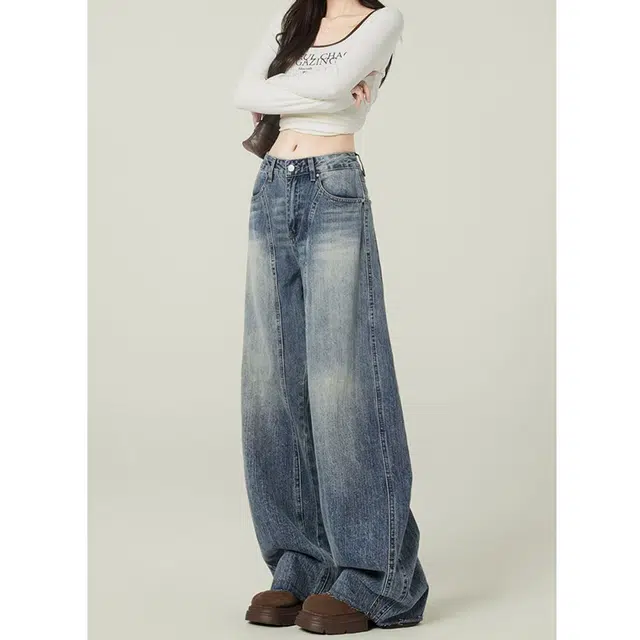 如续 美式复古百搭宽松阔腿弯刀长裤潮流舒适休闲垂坠感时尚牛仔裤 女款