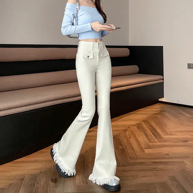 如续 流苏高腰微喇修身显瘦设计感九分喇叭牛仔裤 女款