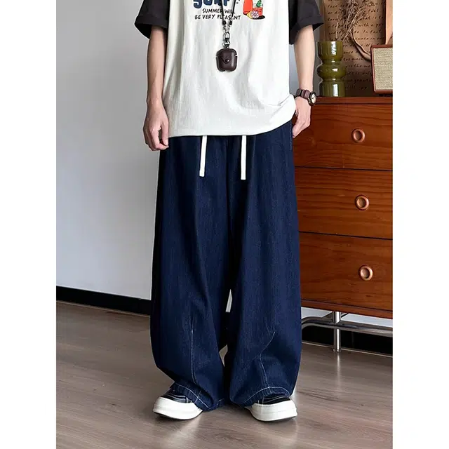 如续 潮流简约高级感纯色宽松阔腿弯刀长裤百搭设计感舒适休闲牛仔裤 男女同款