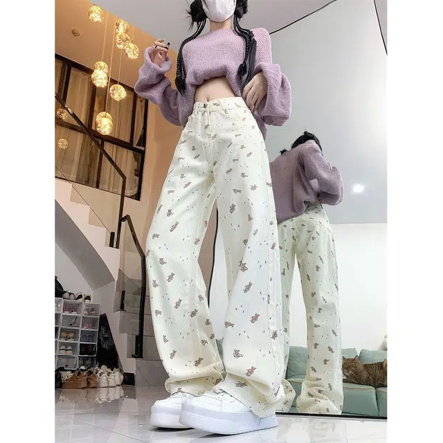 如续 美式可爱小熊印花简约百搭设计感小众高腰宽松直筒阔腿长裤潮牛仔裤 女款
