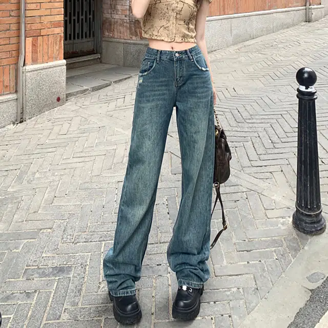 如续 磨破直筒高腰遮胯显瘦复古窄版垂感牛仔裤 女款