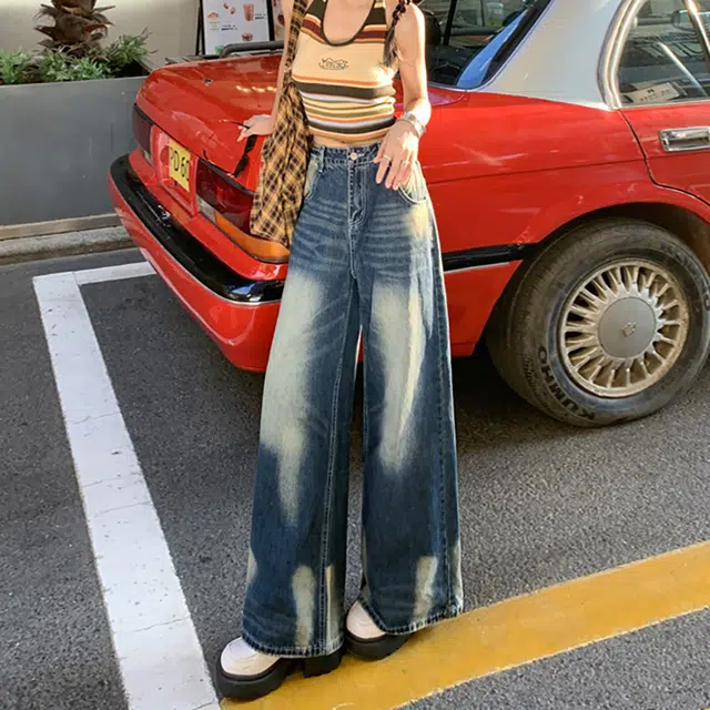 如续 美式复古高腰宽松阔腿裤渐变垂感小众设计春夏直筒女牛仔裤 女款