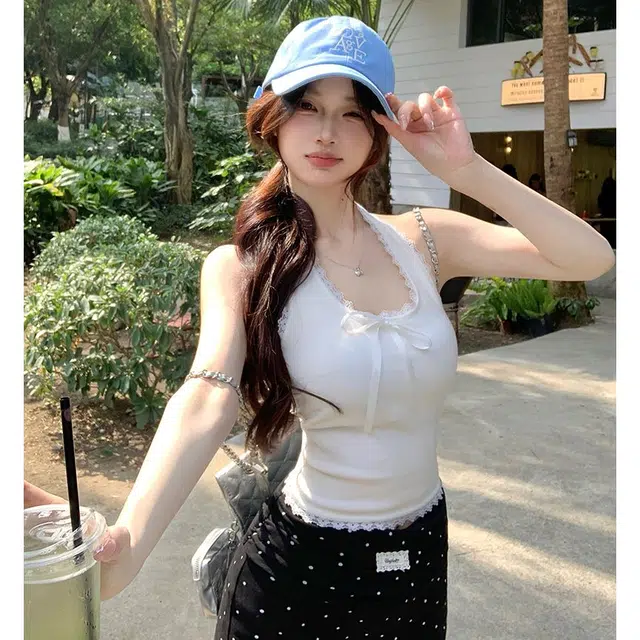 如续 蕾丝挂脖蝴蝶结系带带胸垫修身露背吊带上衣背心 女款