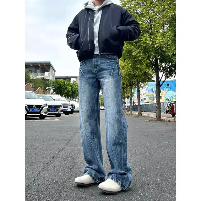 如续 潮流设计感闪电裂纹水洗直筒长裤美式复古宽松百搭舒适休闲牛仔裤 男女同款