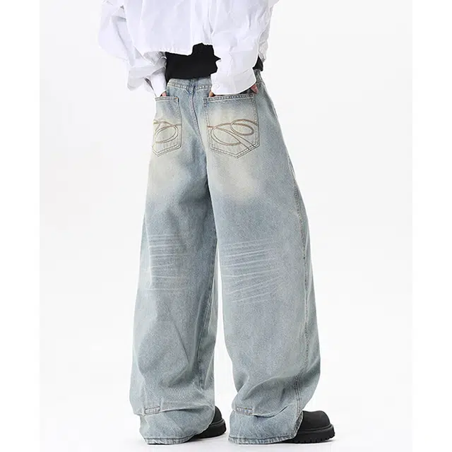如续 美式水洗弯刀宽秋冬设计感褶皱阔腿裤子潮流百搭拖地垂坠感牛仔裤 男女同款