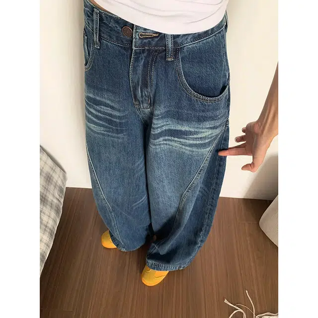 如续 美式复古百搭基础款弯刀长裤潮流显瘦廓形垂坠感舒适休闲牛仔裤 女款
