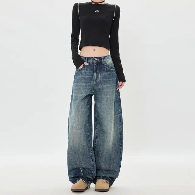 如续 美式怀旧复古宽松阔腿浅色百搭感垂感弯刀牛仔裤 男女同款