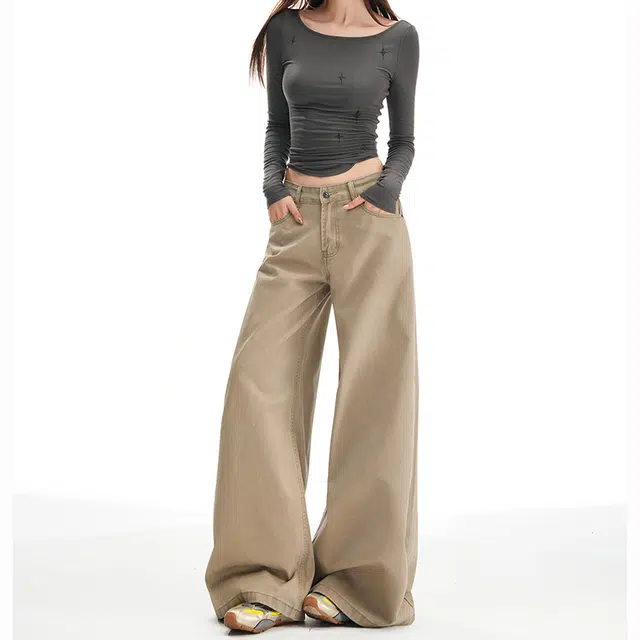 如续 洗褪棉料高腰显瘦宽松大阔腿百搭舒适休闲裤 女款