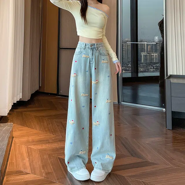 如续 卡通腊肠狗立体刺绣阔腿女拖地裤百搭潮流牛仔裤 女款