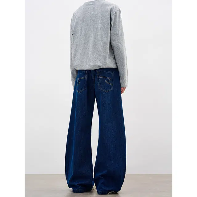 如续 美式基础通勤深蓝色弯刀长裤秋冬季百搭复古阔腿慵懒垂感拖地牛仔裤 男女同款