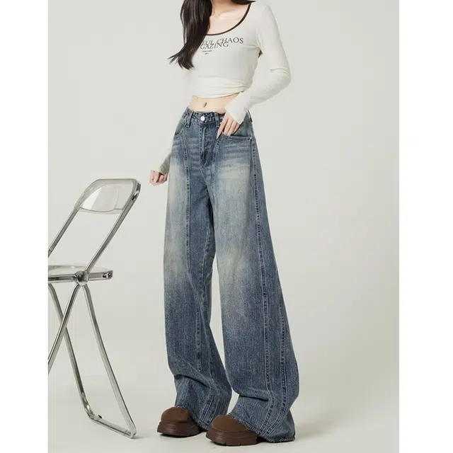 如续 美式复古百搭宽松阔腿弯刀长裤潮流舒适休闲垂坠感时尚牛仔裤 女款