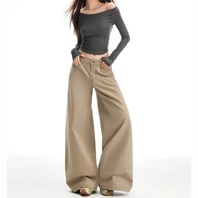 如续 洗褪棉料高腰显瘦宽松大阔腿百搭舒适休闲裤 女款