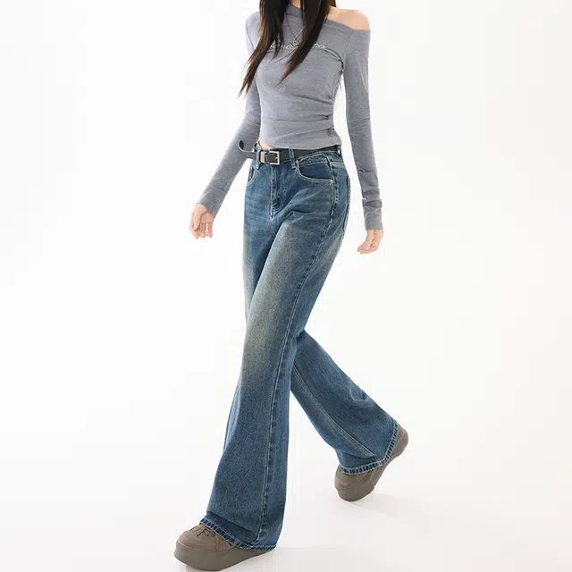 如续 秋冬慵懒休闲高腰阔腿裤女喇叭裤高街复古拖地裤牛仔裤 女款