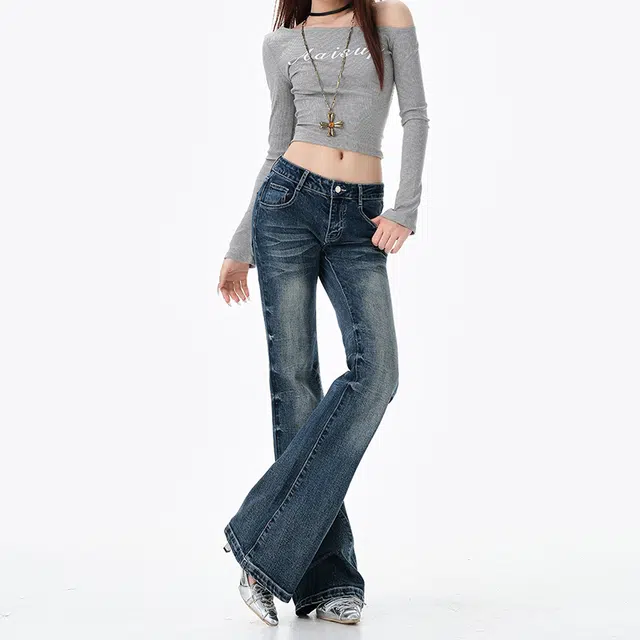 如续 如续美式低腰辣妹微喇裤设计感复古百蓝弹力显瘦喇叭裤牛仔裤 女款