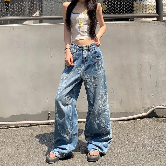 如续 美式复古小众提花设计宽松阔腿女舒适简约牛仔裤 女款