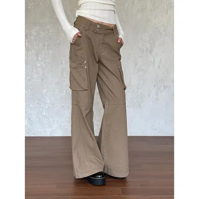 如续 美式复古小众设计感多口袋微喇双扣工装风长女钉珠装饰垂感拖地牛仔裤 女款