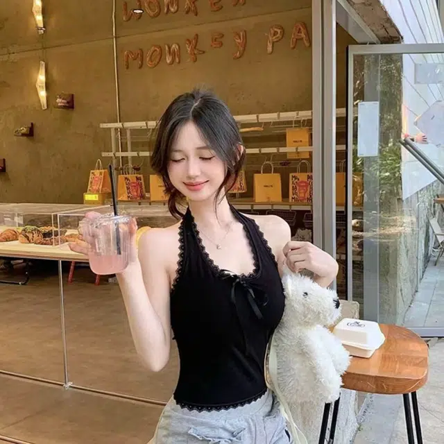 如续 蕾丝挂脖蝴蝶结系带带胸垫修身露背吊带上衣背心 女款