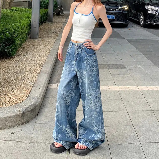 如续 美式复古小众提花设计宽松阔腿女舒适简约牛仔裤 女款