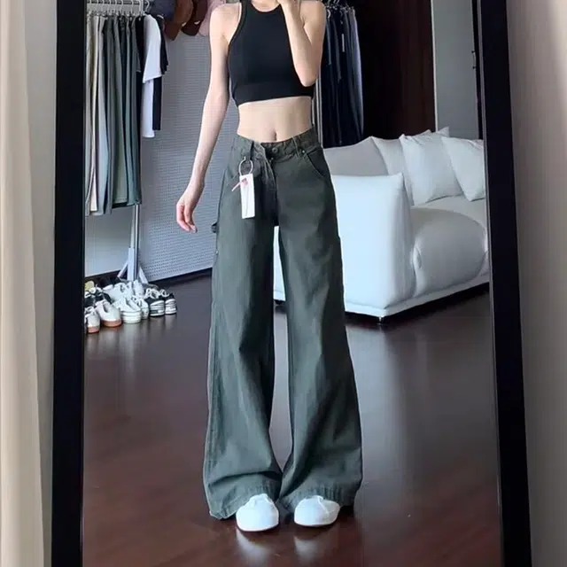 如续 美式复古微喇多口袋珠帆工装裤秋季上新休闲高街垂感高腰显瘦宽松阔腿拖地裤女生小个子款牛仔裤 女款