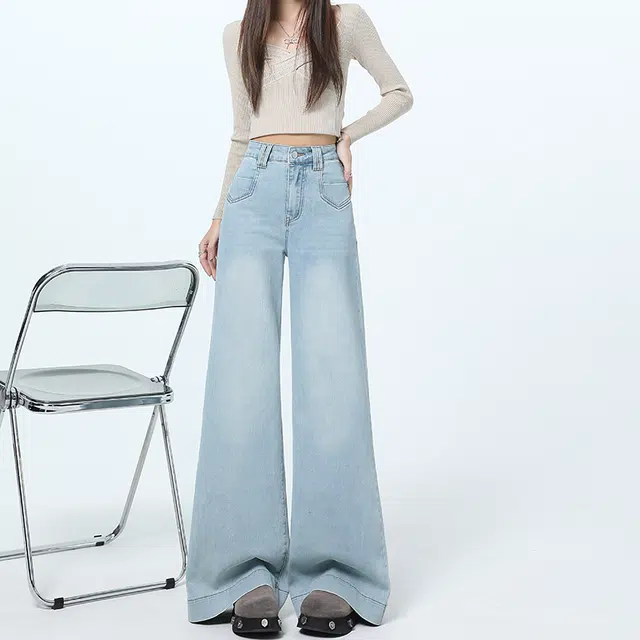 如续 浅色大喇叭高腰宽松显瘦垂感梨形遮胯拖地牛仔裤 女款