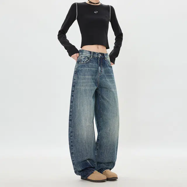 如续 美式怀旧复古宽松阔腿浅色百搭感垂感弯刀牛仔裤 男女同款