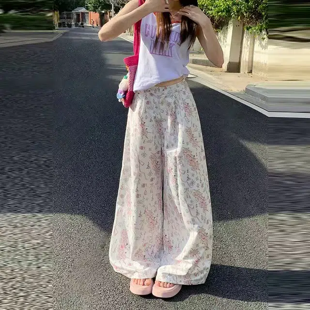 如续 美式复古高腰碎花宽松百搭薄款垂感阔腿时尚百搭休闲裤 女款