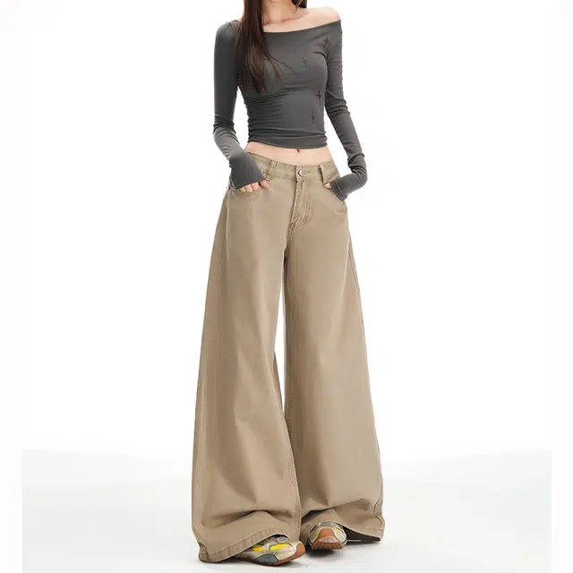 如续 洗褪棉料高腰显瘦宽松大阔腿百搭舒适休闲裤 女款