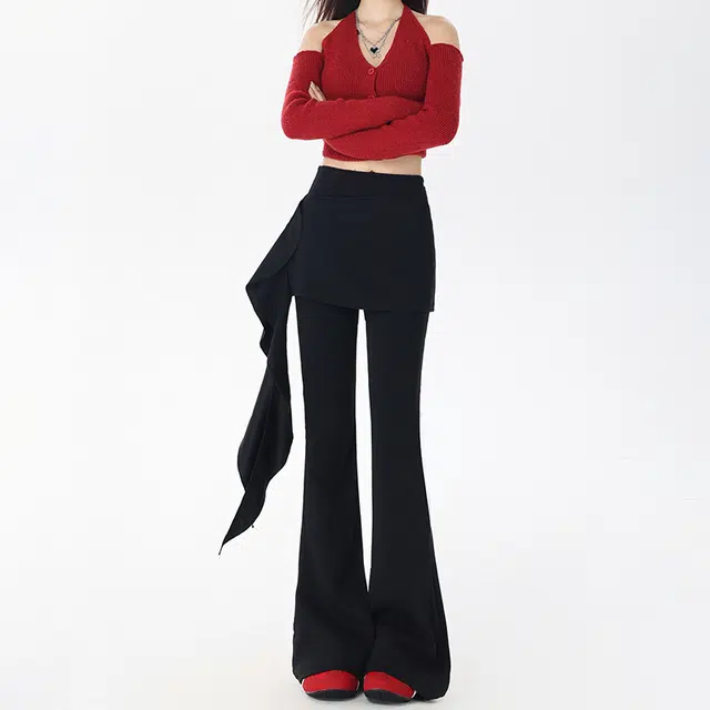 如续 微喇叭春夏紧身弹力直筒裤百搭高腰荷叶边长裤休闲裤 女款