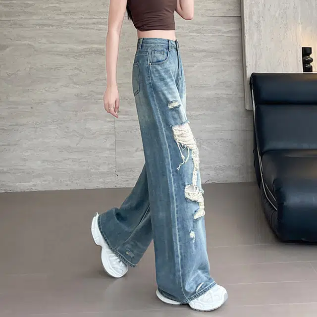 如续 蕾丝阔腿法式高级感简约舒适牛仔裤 女款