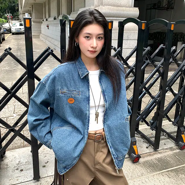 如续 中性风复古减龄宽松美式落肩机车 牛仔外套 男女同款