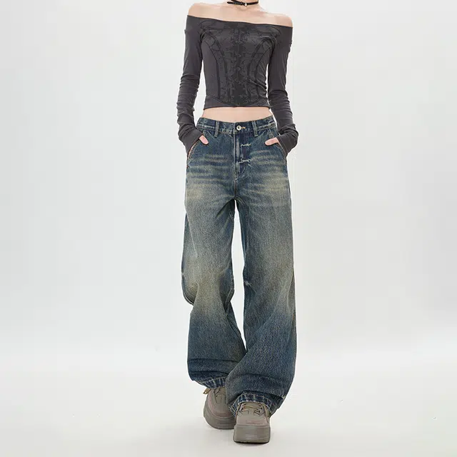 如续 宽松美式复古百搭日常拖地设计感牛仔裤 男女同款