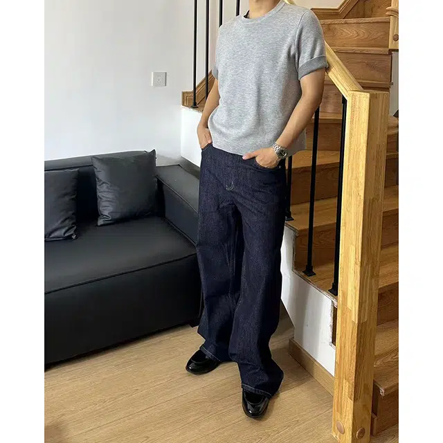 如续 美式复古风原色简约基础款直筒长裤宽松阔腿休闲拖地垂感牛仔裤 男女同款