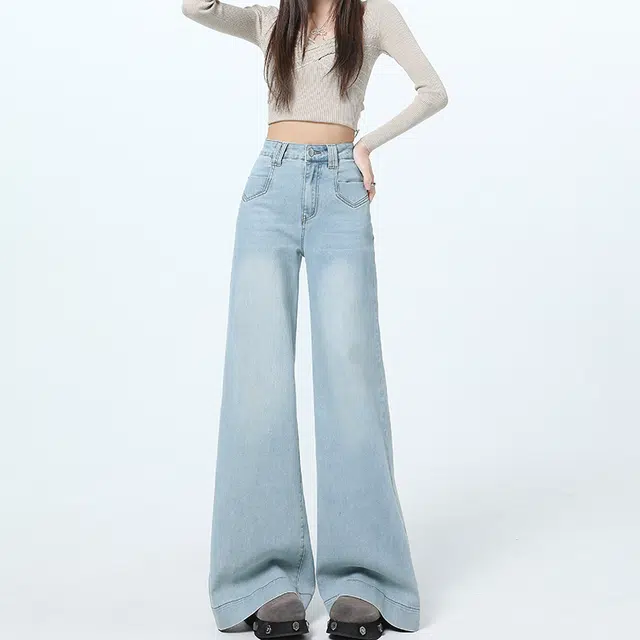 如续 浅色大喇叭高腰宽松显瘦垂感梨形遮胯拖地牛仔裤 女款