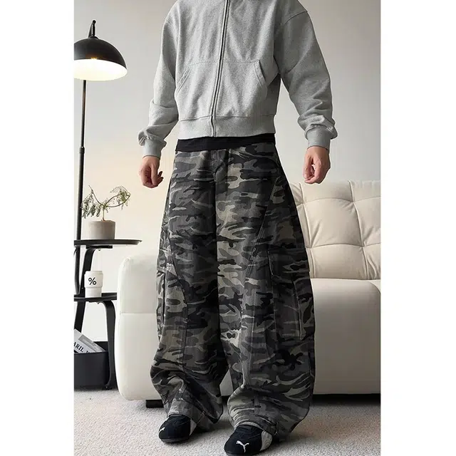 如续 美式复古风高街小众设计感阔腿工装风弯刀长裤潮流廓形拼接牛仔裤 男女同款