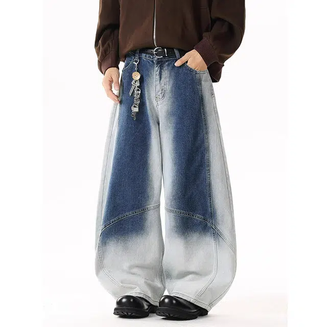 如续 美式复古渐变水洗弯刀阔腿长裤街头痞帅炸街小众宽松拖地牛仔裤 男款