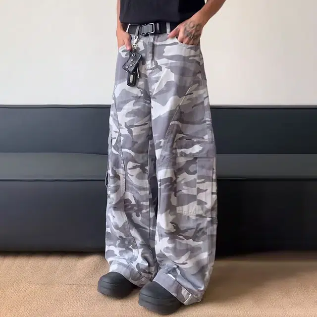 如续 秋冬上新美式高街复古百搭迷彩裤工装裤潮牌宽松直筒阔腿弯刀裤子牛仔裤 男款