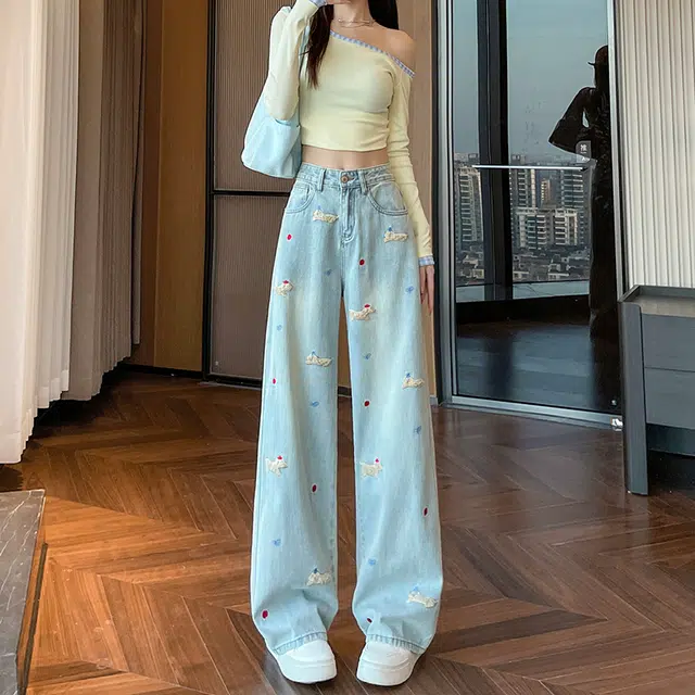 如续 卡通腊肠狗立体刺绣阔腿女拖地裤百搭潮流牛仔裤 女款