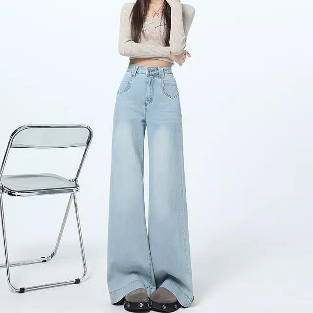 如续 浅色大喇叭高腰宽松显瘦垂感梨形遮胯拖地牛仔裤 女款