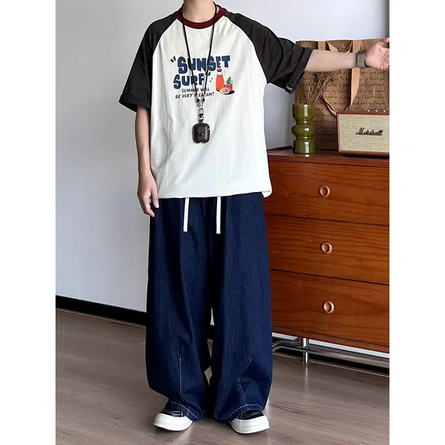 如续 潮流简约高级感纯色宽松阔腿弯刀长裤百搭设计感舒适休闲牛仔裤 男女同款