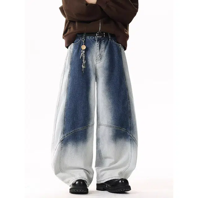 如续 美式复古渐变水洗弯刀阔腿长裤街头痞帅炸街小众宽松拖地牛仔裤 男款